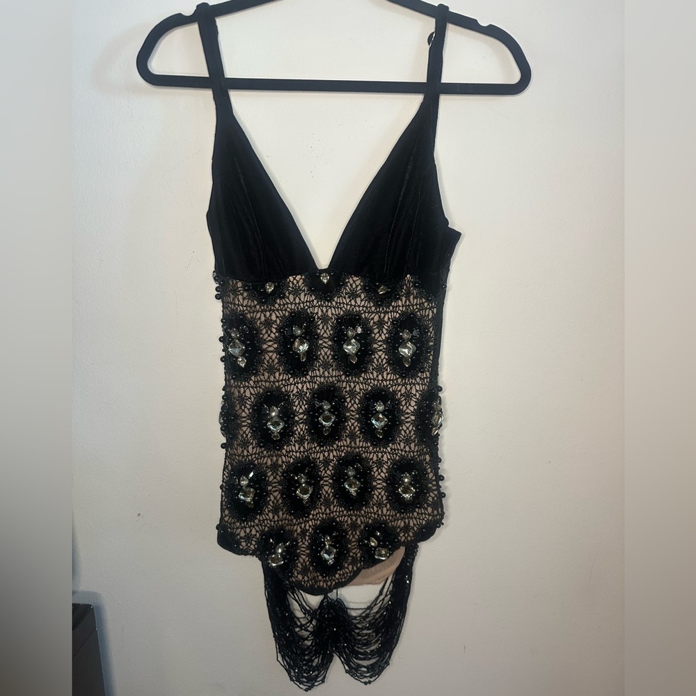 NWT PATBO black velvet fringe mini dress hand beaded rhinestone crochet Gatsby - Picture 8 of 16